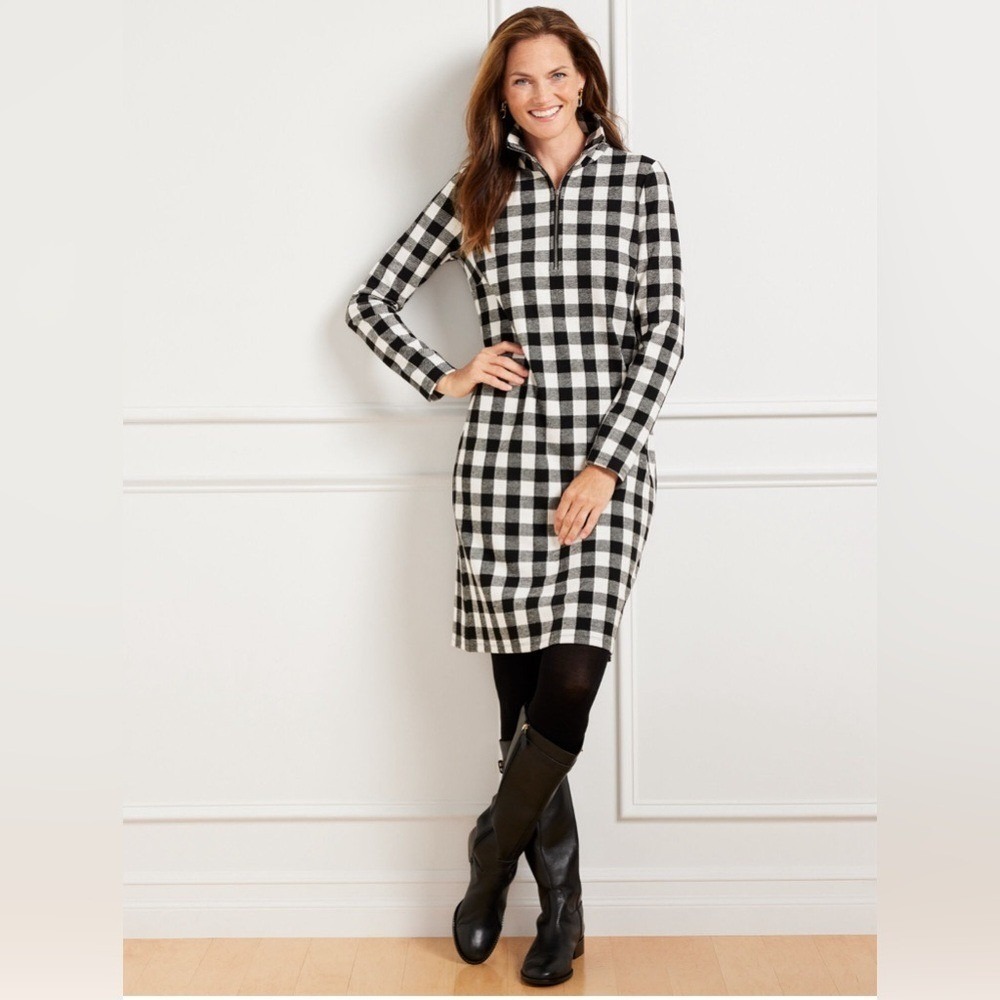 Talbots Sheath Dress Womens M Black White Buffalo Plaid Quarter Zip Knit Stretch